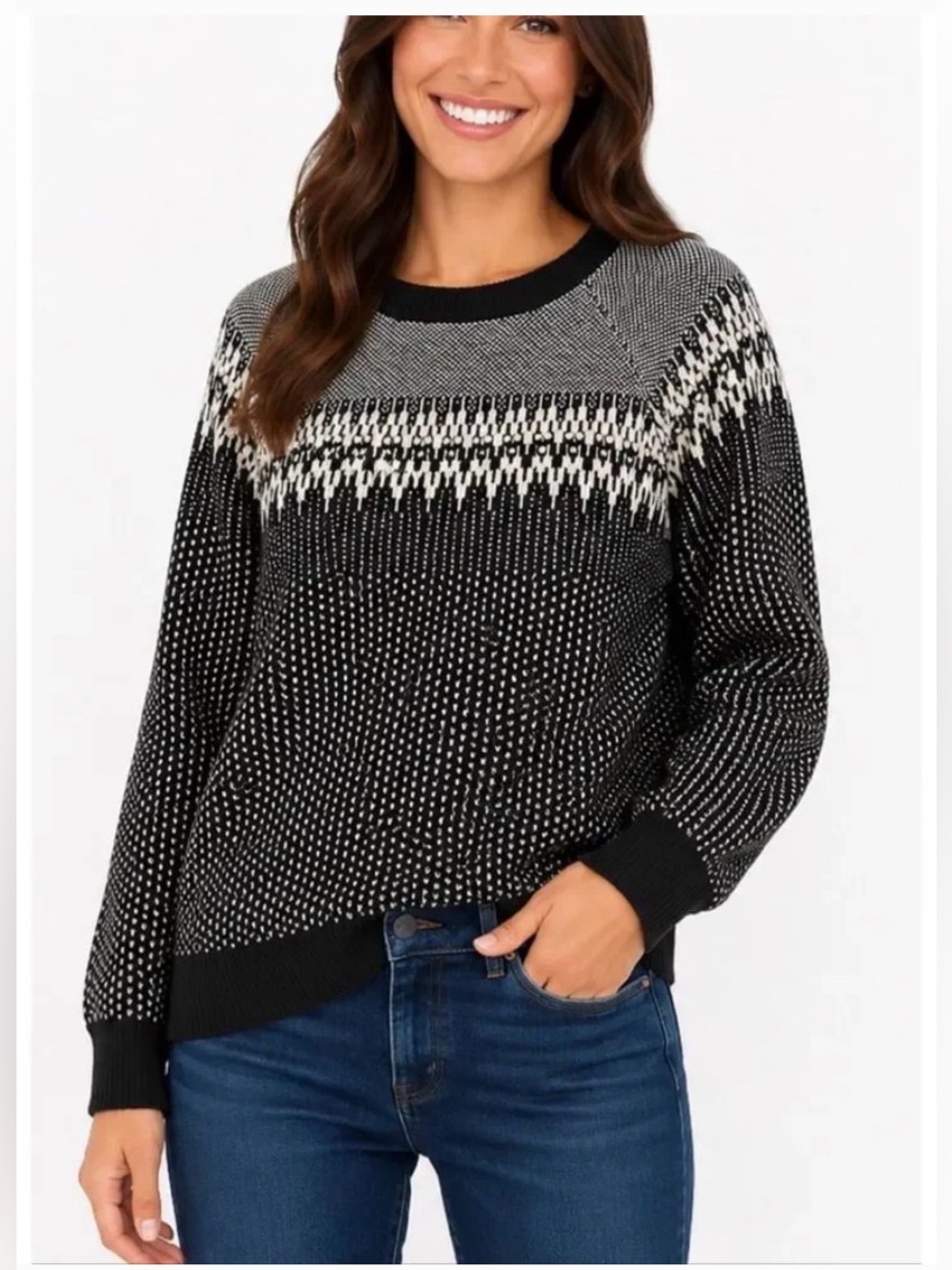 J. Crew Black and White Patterned Crewneck Sweater